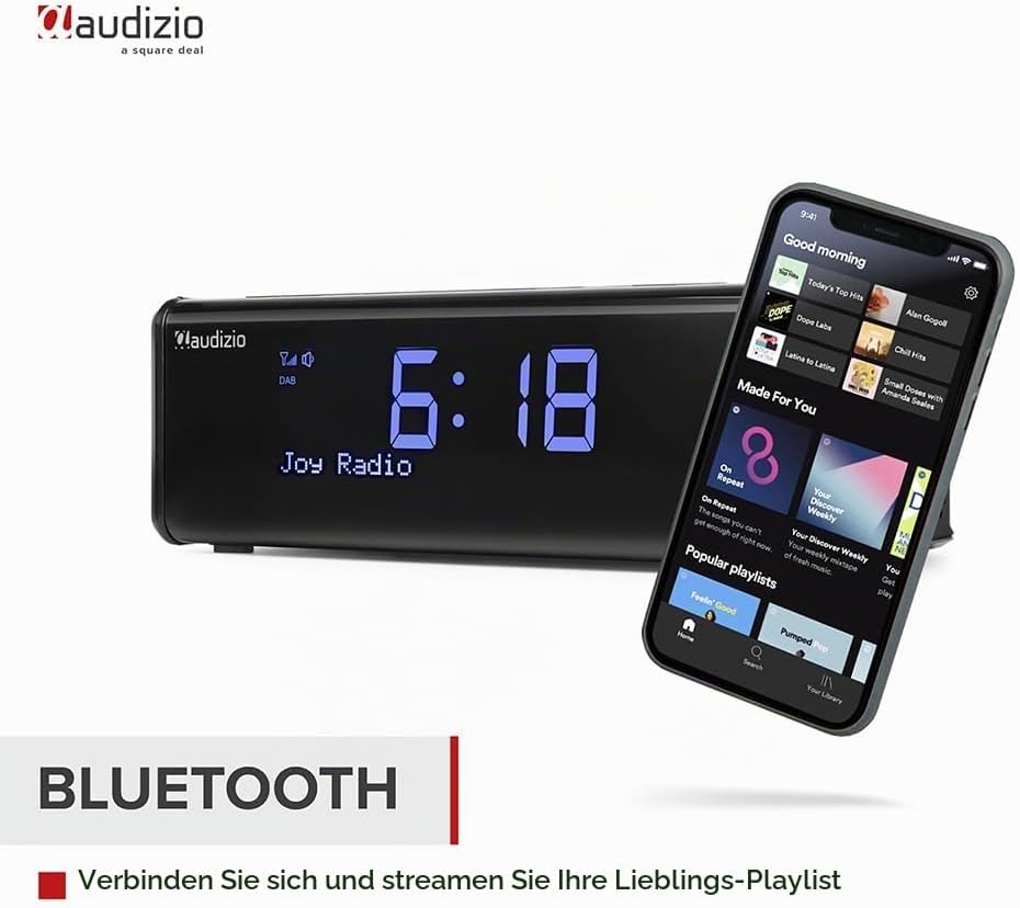 Audizio Cuneo Radio Wecker, Uhr-Radio DAB+ mit kabellosem Laden - Kristallklarer Sound und praktisch