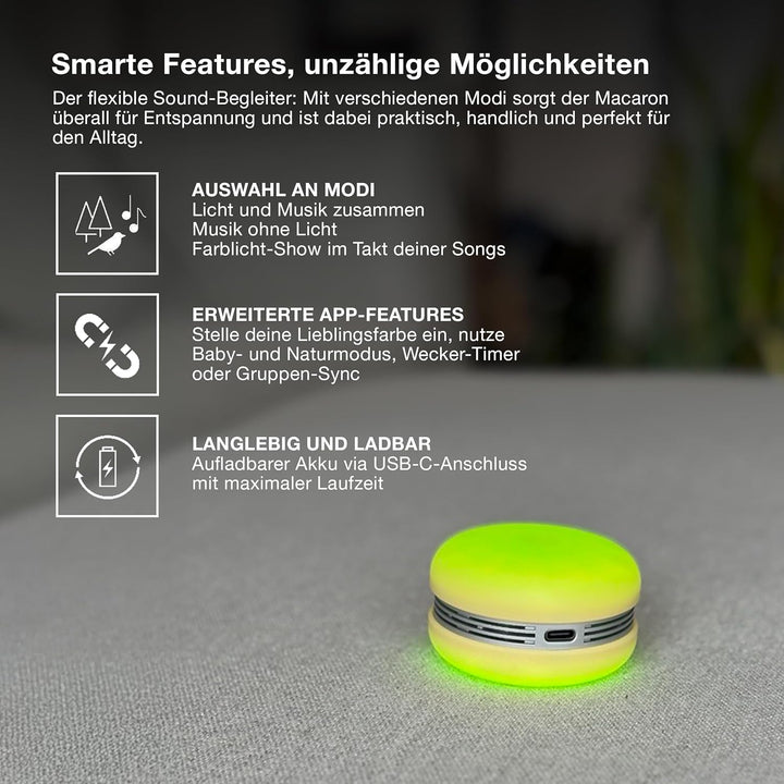 Osram Smart Macaron, Bluetooth-Lautsprecher mit Dreh-Farblicht, Musik-Sync & App-Timer – 3 Modi, Ste