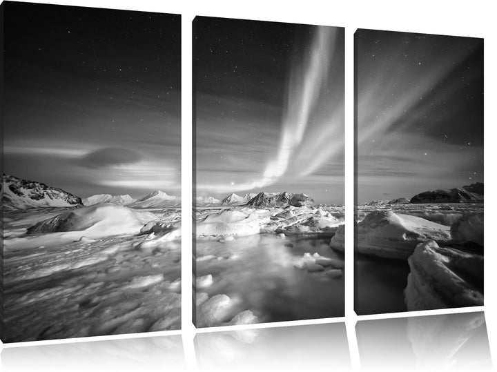 Pixxprint gewaltiges Polarlicht Kunst B&W / 3-Teilig/Gesamtmass 120cm Leinwandbild bespannt auf Holz