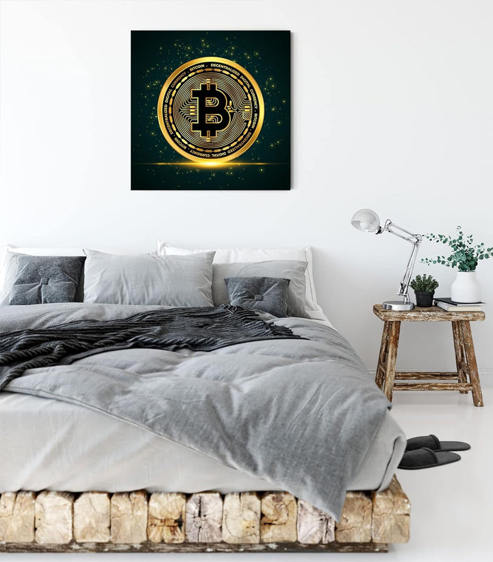 Pixxprint funkelnder Bitcoin BTC als Leinwandbild Quadratisch| Grösse: 70x70 cm | Wandbild | Kunstdr