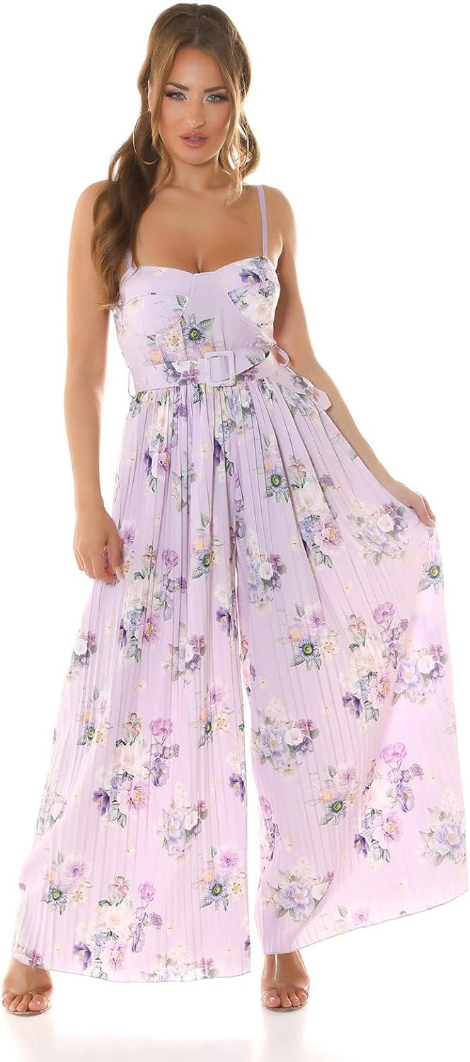 Koucla Flower Printed Plissee Extreme Marlene Jumpsuit Overall mit Gürtel Einheitsgrösse Flieder, Ei