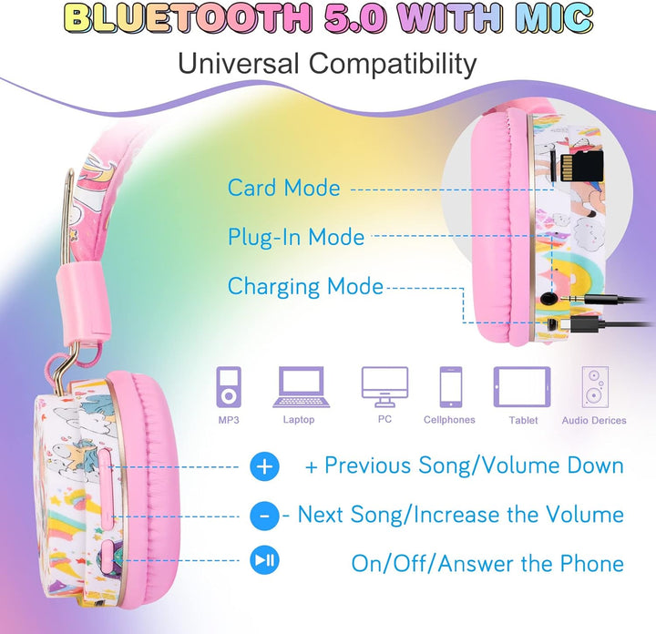 JYPS Bluetooth Kopfhörer Kinder, Einhorn Kopfhörer Kabellos Kinder mit Kabel und Mikrofon, Kids Head