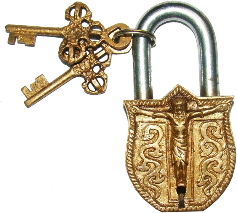 Purpledip Brass Padlock with Crucifix Relief Depicting Jesus Christ on The Cross (10318)