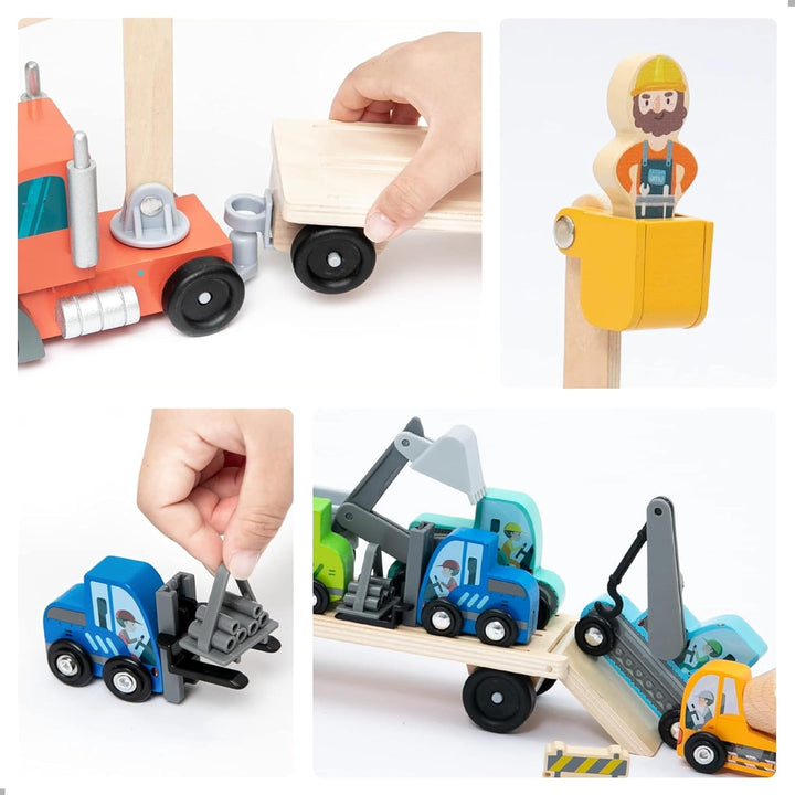 umu® Holz Baufahrzeug Transporter Spielset für Kinder kompatibel mit Brio World Eisenbahn Sets & And