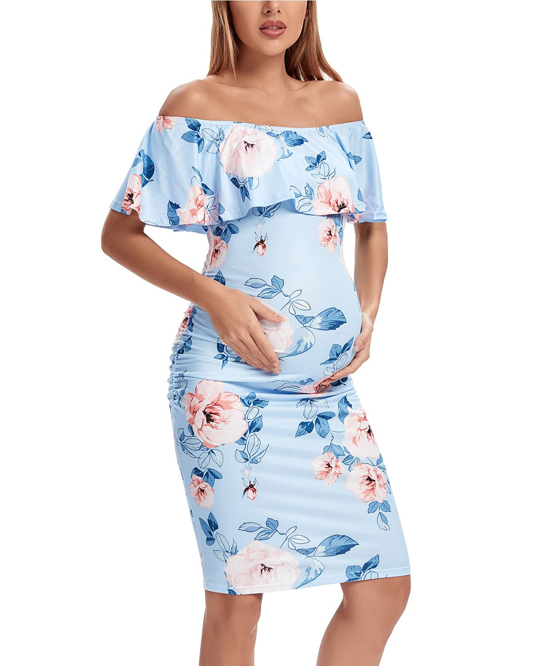 Shen&amp;Qege Umstandskleid Lässig mit Schulterfreiheit, Rüschen, ärmellos, Bodycon, Umstandsmode Sommer