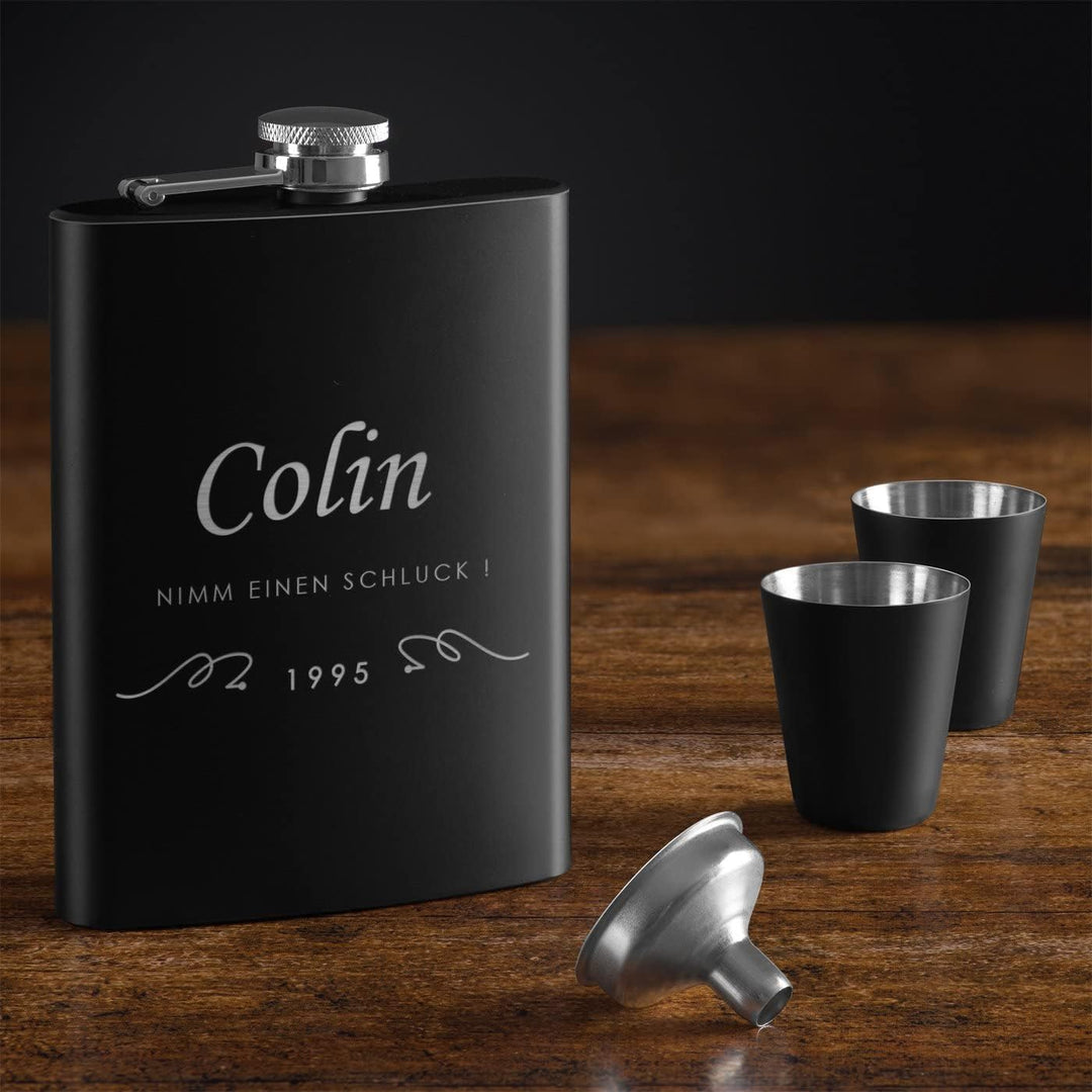 Maverton Flachmann Set 200 ml mit Gravur - Taschenflasche + 4 Schnapsgläsern 20 ml mit Trichter - Br