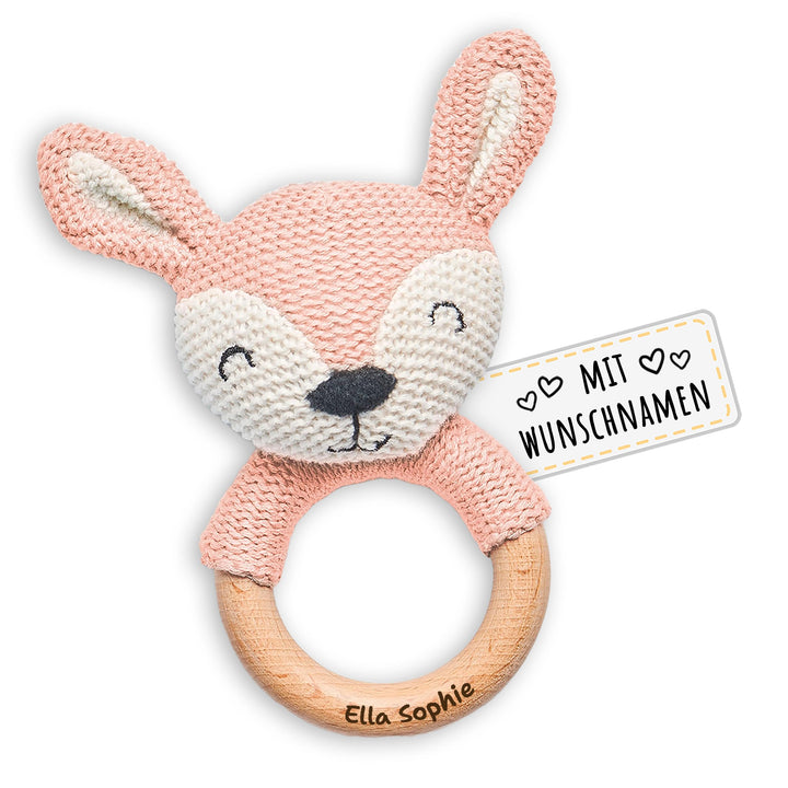 Personalisierter Beissring aus Holz für Babys - Niedlicher Greifling mit Name - Babyrassel und schön