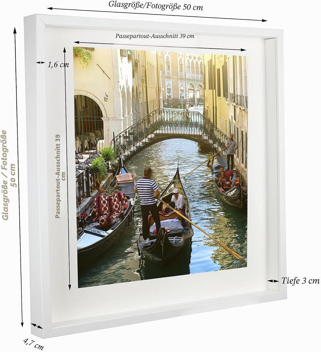 BD ART 50x50 cm gross Box 3D Objektrahmen Bilderrahmen mit Passepartout 40x40 cm, Weiss Quadratische