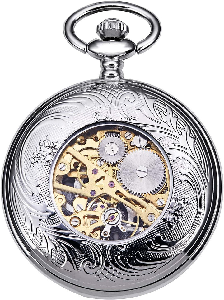 TREEWETO Unisex Taschenuhr mit Kette Analog Handaufzug Antik Graviert Römische Silber/Gold/Schwarz,