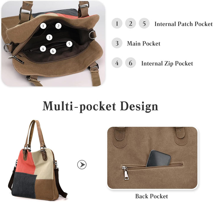 PORRASSO Retro Umhängetasche Canvas Schultertasche Damen Handtasche Gross Hobo Tasche Crossbody Bag