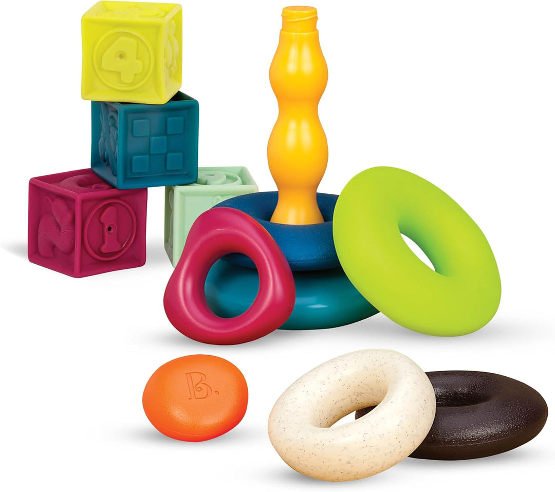 B. toys - One Two Squeeze & Hüpfsteine Set - Baby-Blöcke & Stapel-Ringe - 10 nummerierte Blöcke und