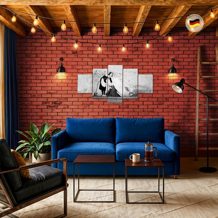 Runa Art Wandbilder Maid Banksy 5 Teilig Bild auf Vlies Leinwand Deko Loft Wohnzimmer Art Schwarz We