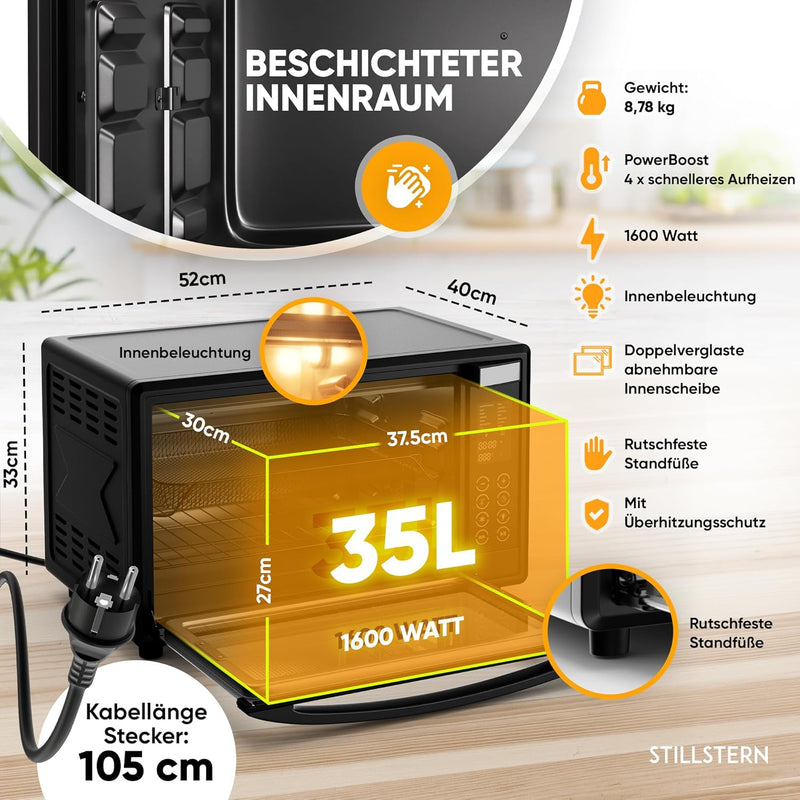 Stillstern Minibackofen mit Umluft (35L) Deutsche Version, 13 Programme, Zubehör: Backblech, Drehspi