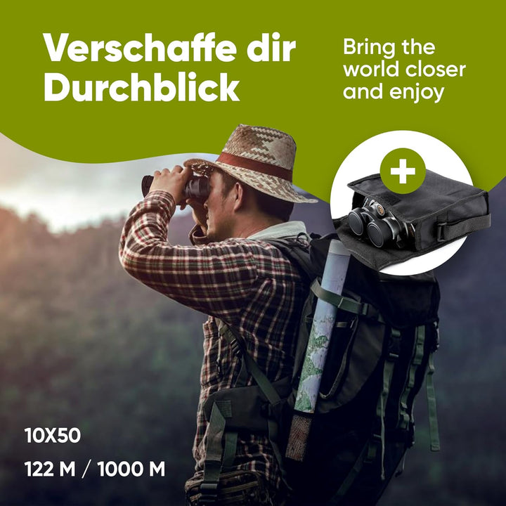 Adler Focus Fernglas 10x50, Testsieger für Erwachsene, Eagle-Eye-Technologie, 22mm HD Augenmuschel,