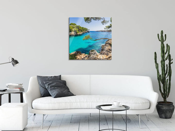 Pixxprint Glasbild | Wandbild auf Echtglas | Mallorca Bay Cove | 60x60 cm | inkl. Aufhängung und Abs