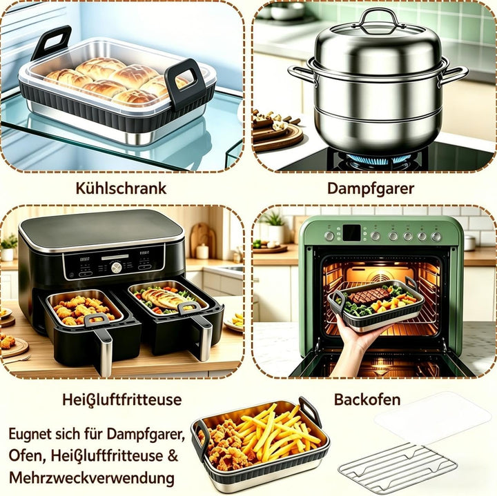 2er Set Edelstahl Backform für Heissluftfritteuse mit Grillrost und Frischhaltedeckel – Airfryer Zub