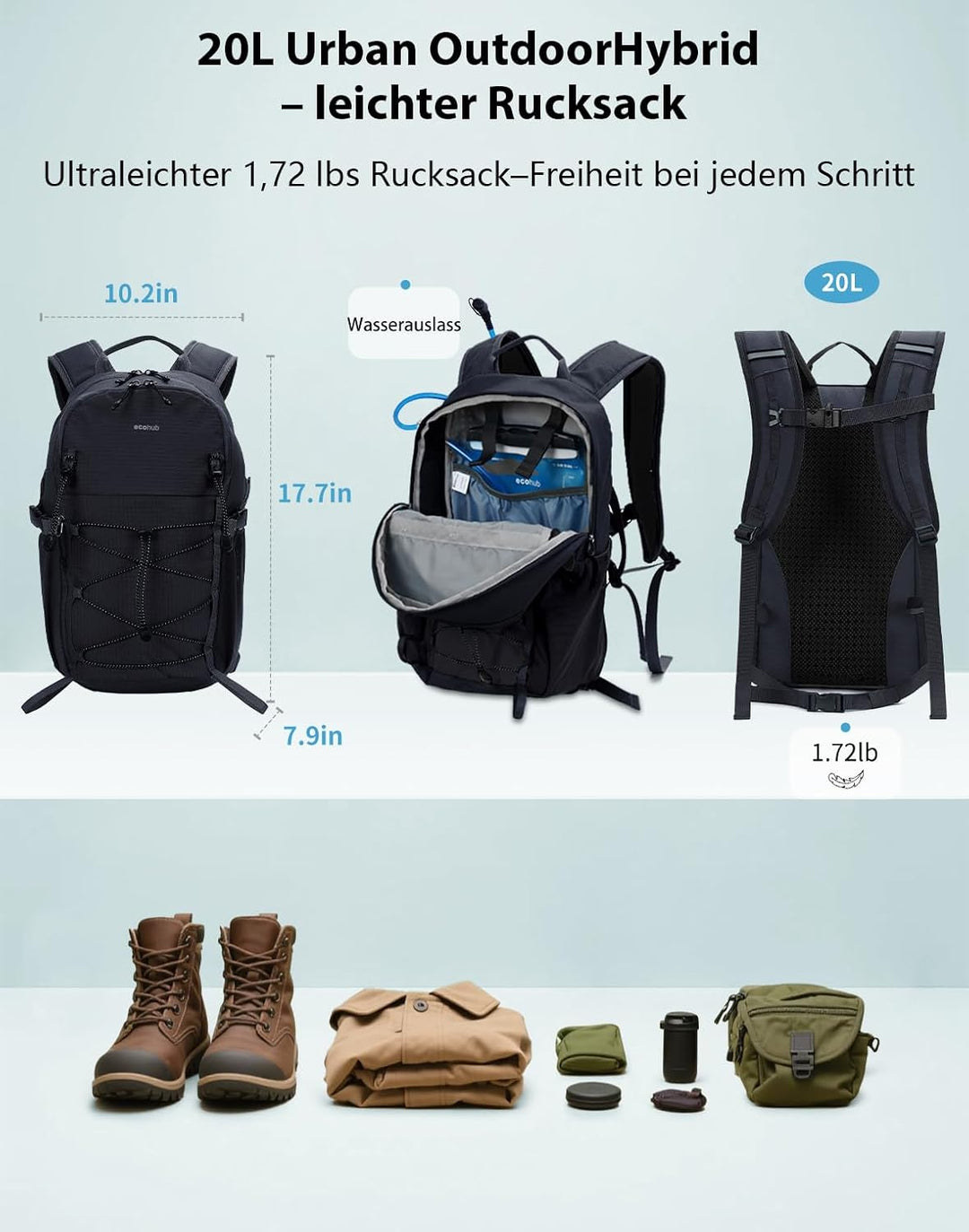 ECOHUB Leichter Atmungsaktiver Wanderrucksack mit Vielen Fächern aus PET Schwarz, Schwarz