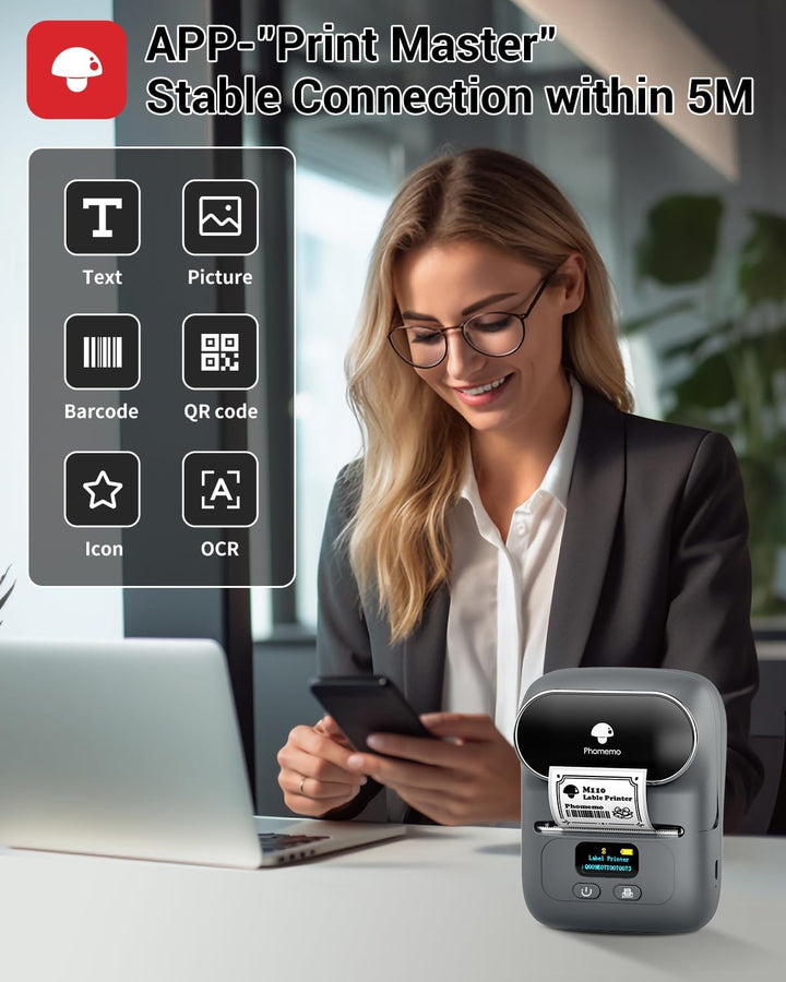 Phomemo M110 Etikettendrucker Selbstklebend mit 3 Etikettenrollen - Thermo Etikettiergerät Bluetooth