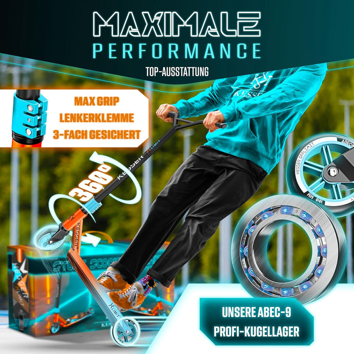 KESSER® Stunt Scooter X-Limit - 360° Lenkung Robuster Funscooter Stuntscooter mit ABEC 9 Kugellagern
