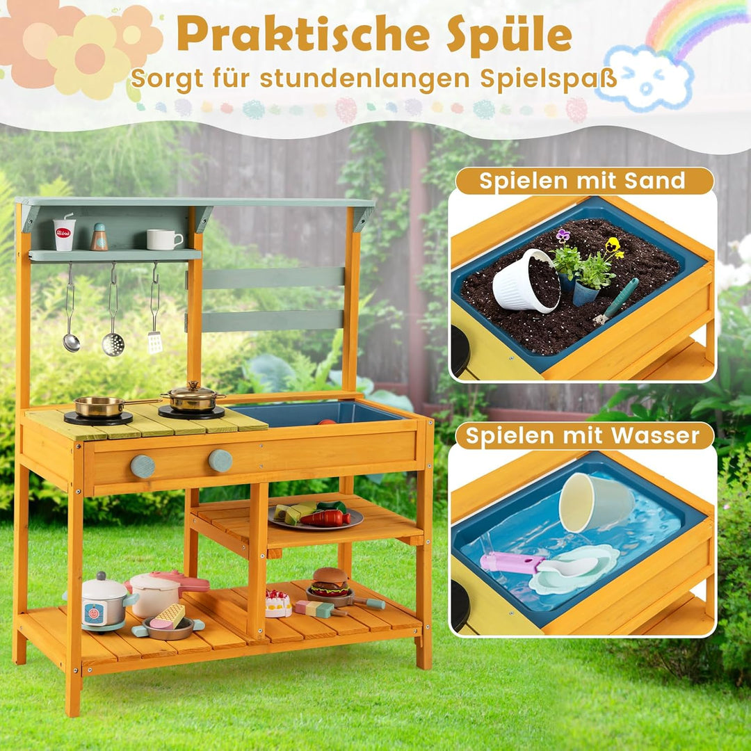COSTWAY Matschküche Kinder Outdoor, Kinderküche Holz mit Spüle, Spielküche mit Haken & abnehmbarem R