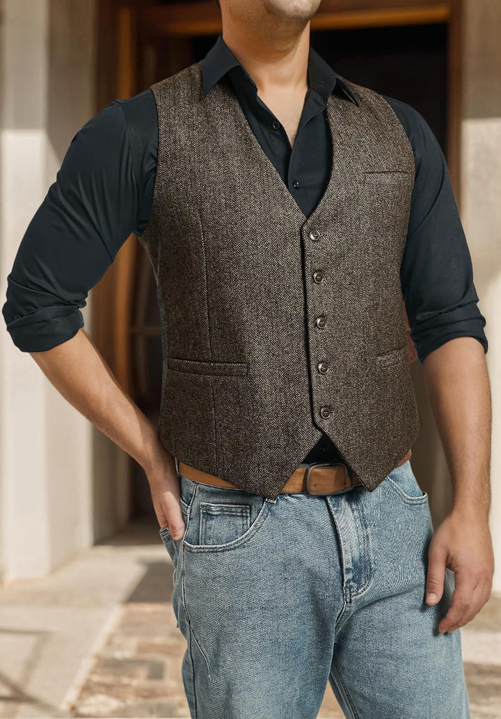 HISDERN Herren Anzugweste Herringbone Weste Hochzeit Herrenweste Formale Tweed Wollweste Classic Bas