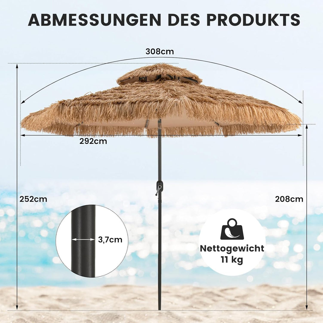 GOPLUS Sonnenschirm Hawaii, Ø 300 cm Strohschirm um 30° knickbar, Sonnenschirm Stroh mit LED Solar B
