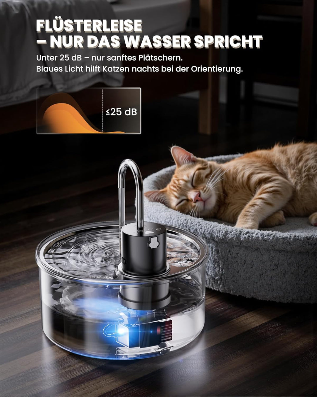 Tomxcute Trinkbrunnen für Katze Kabellos 3,2L, Katzenbrunnen Glas mit Bewegungsmelder, 5000mAh Wiede