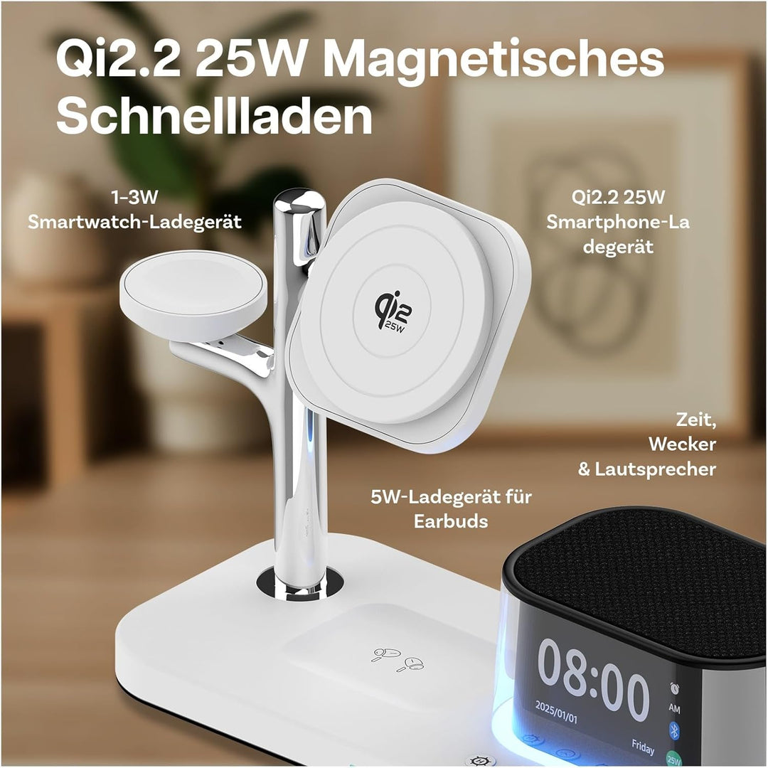 Kabellose Ladestation 5-in-1 mit Wecker, Bluetooth-Lautsprecher & LED-Nachtlicht für MagSafe von MMO