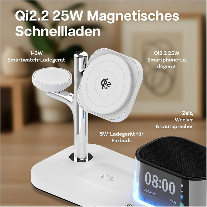Kabellose Ladestation 5-in-1 mit Wecker, Bluetooth-Lautsprecher & LED-Nachtlicht für MagSafe von MMO