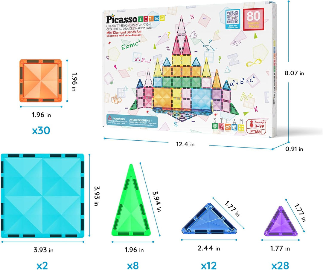 PicassoTiles 80 Stück Mini-Fliesen in Reisegrösse, magnetische Fliesen, Bausteine, Bausteine, MINT-L