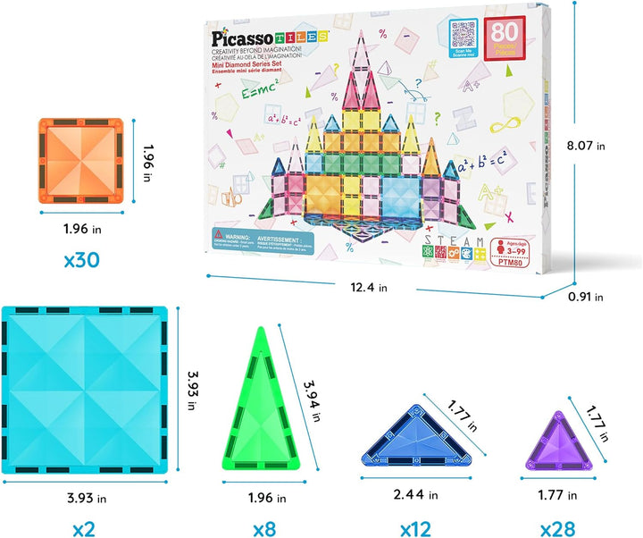 PicassoTiles 80 Stück Mini-Fliesen in Reisegrösse, magnetische Fliesen, Bausteine, Bausteine, MINT-L