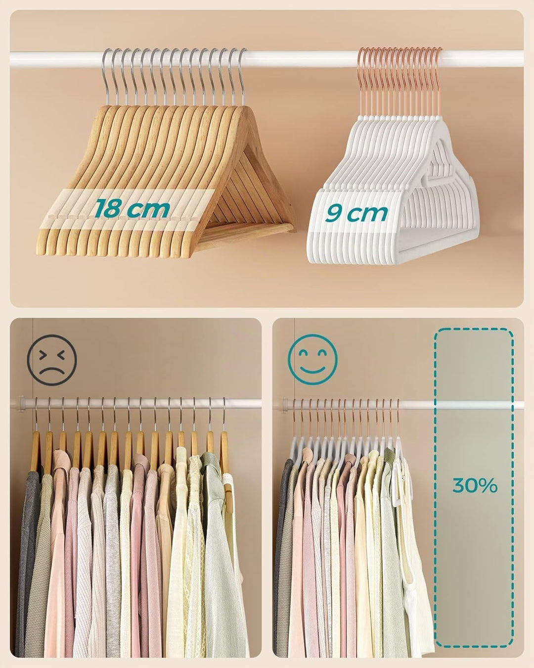 SONGMICS Kleiderbügel Samt, 30er Set, Bügel, rutschfest, kleine Stange für Krawatten, 360° drehbarer