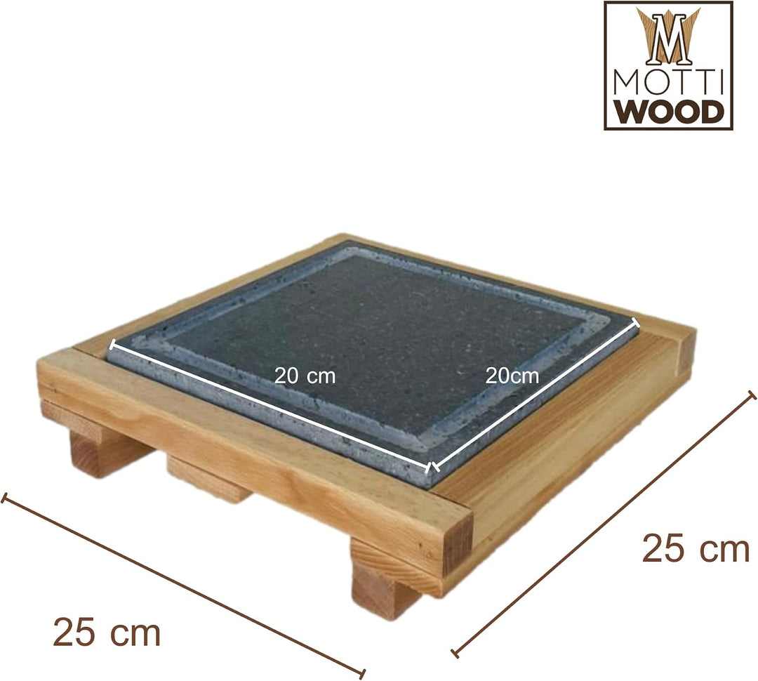 Mottinox Sizilianischer Lavastein mit Abfluss, quadratisch, 30 x 30 cm, mit Halterung aus Buchenholz