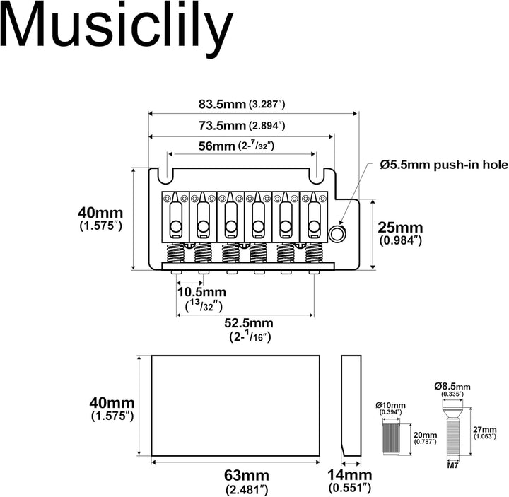 Musiclily Pro 52,5mm 2-Punkt Style Tremolo Steg Bridge Stahl Saitenreiter für American Strat E-Gitar