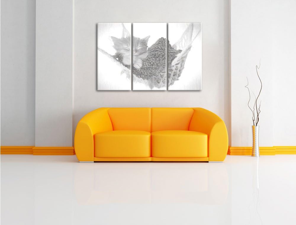 Pixxprint Schlafendes Katzenbaby in Hängematte Kohle Zeichnung Effekt 3-Teiler Leinwandbild 120x80 B