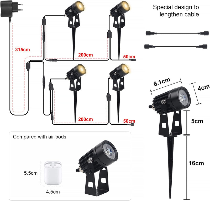 CPROSP 4 x 1W LED-Gartenstrahler mit Erdspiess 3000K IP65 Schutzart, Garden Lamp mit Stecker, Warmwe