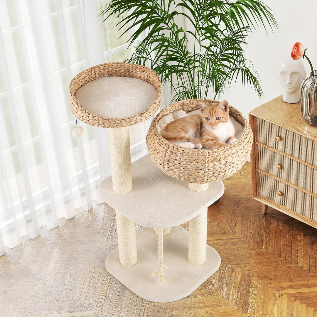 COSTWAY 104cm Kratzbaum, Katzenbaum klein, Katzenkratzbaum mit Sitzstange, Korb, Sisalpfählen, Sisal