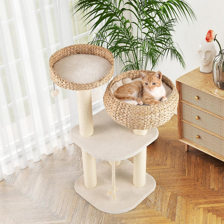 COSTWAY 104cm Kratzbaum, Katzenbaum klein, Katzenkratzbaum mit Sitzstange, Korb, Sisalpfählen, Sisal