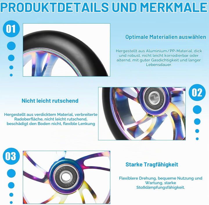 2Stück Stunt Scooter Rollen 110 mm, Bunt Scooter Ersatzräder, 88A Rollerräder für Stunt mit ABEC-9 L