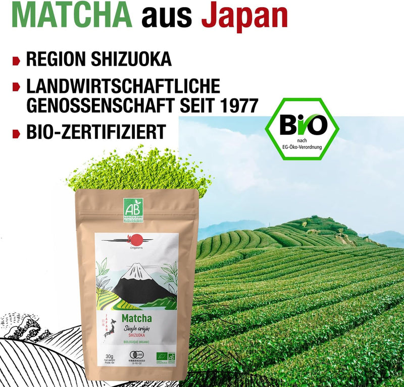Origeens MATCHA TEE SET mit Matcha Besen, Matcha Schale aus Keramik, BIO Matcha Tee aus Japan | Hand