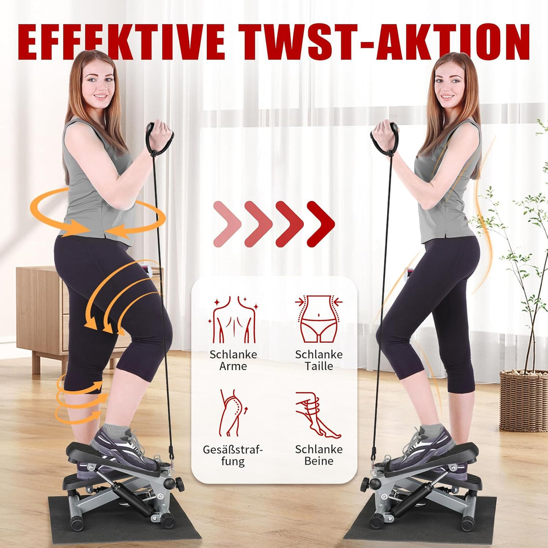 LEADZM Mini Stepper Mit Silent-Pad für Zuhause, 2 in 1 Fitness Stepper mit Gummiband, LCD Display, T