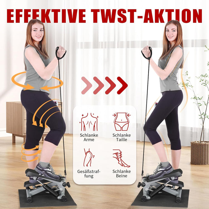 LEADZM Mini Stepper Mit Silent-Pad für Zuhause, 2 in 1 Fitness Stepper mit Gummiband, LCD Display, T