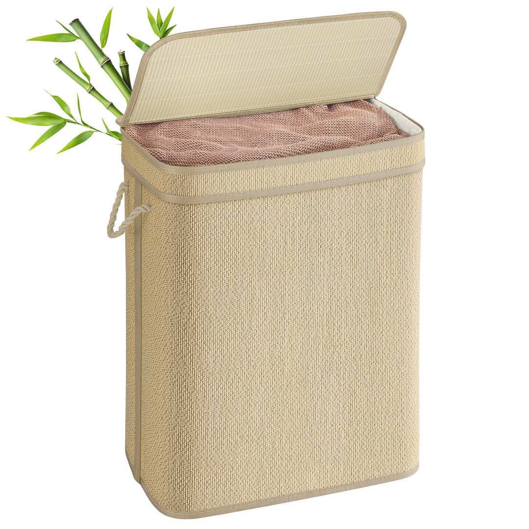 SONGMICS Wäschekorb, Wäschesammler Bambus, 90 Liter, Wäschesack herausnehmbar und maschinenwaschbar,