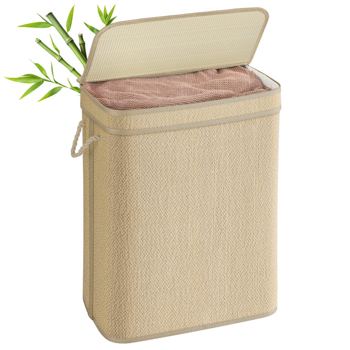 SONGMICS Wäschekorb, Wäschesammler Bambus, 90 Liter, Wäschesack herausnehmbar und maschinenwaschbar,