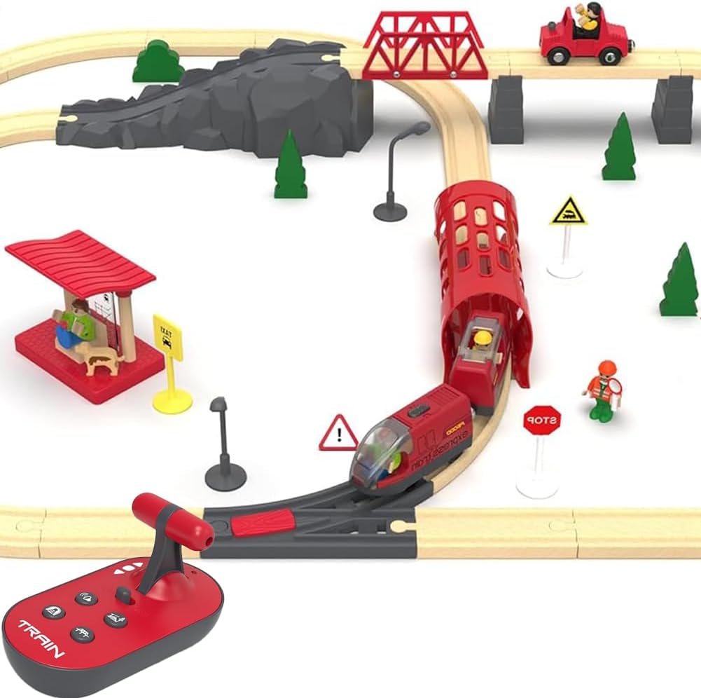 TOPLIVING Motorisierter Holzschienenzug, Ferngesteuerter Zug mit Magnetverbindung, Batteriebetrieben