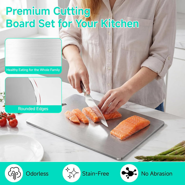 3 Stück Titan Schneidebrett Edelstahl Schneidebrett Set, Titanium Cutting Board Mit Schwamm und Spar