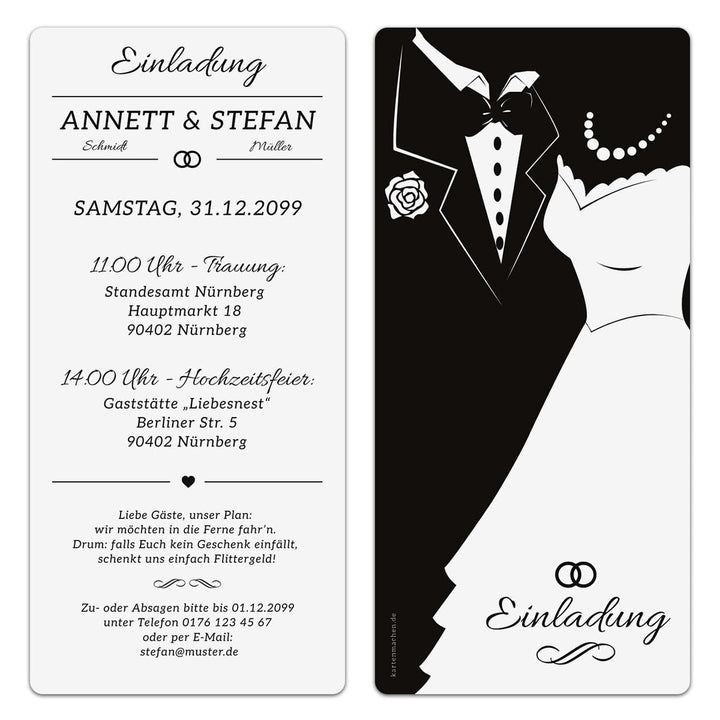 Kartenmachen.de Personalisierte Einladungskarten Hochzeit - Black & White Brautpaar - Weiss - Hochze