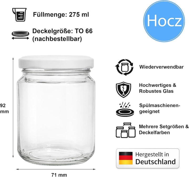 hocz 100x Marmeladengläser 275 ml | mit Deckel Weiss TO 66 | Einmachgläser mit Schraubdeckel zum bef