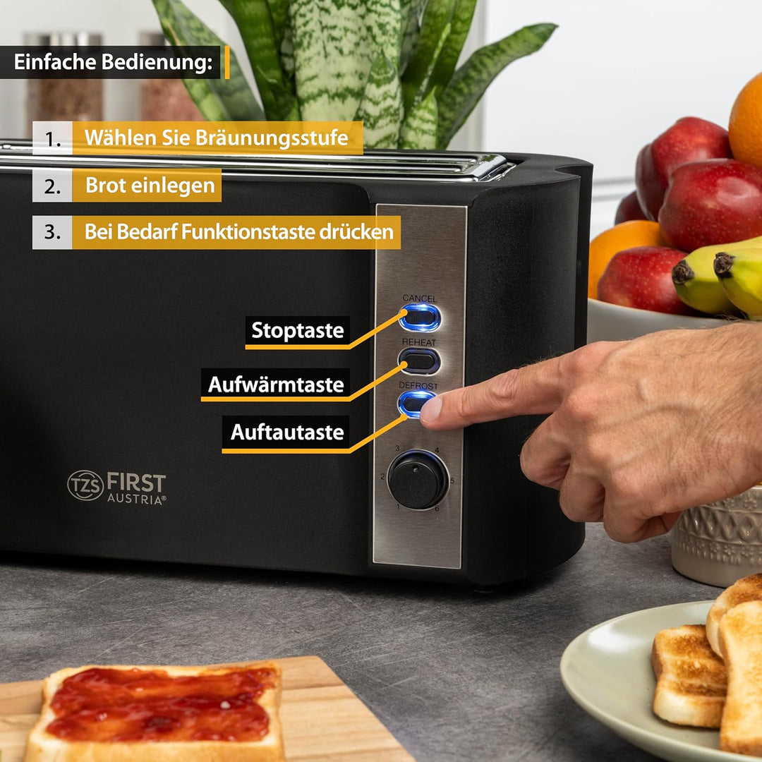 TZS First Austria Toaster | 4 Scheiben Langschlitz | 6 Bräunungsstufen | Auftau- und Aufwärmfunktion
