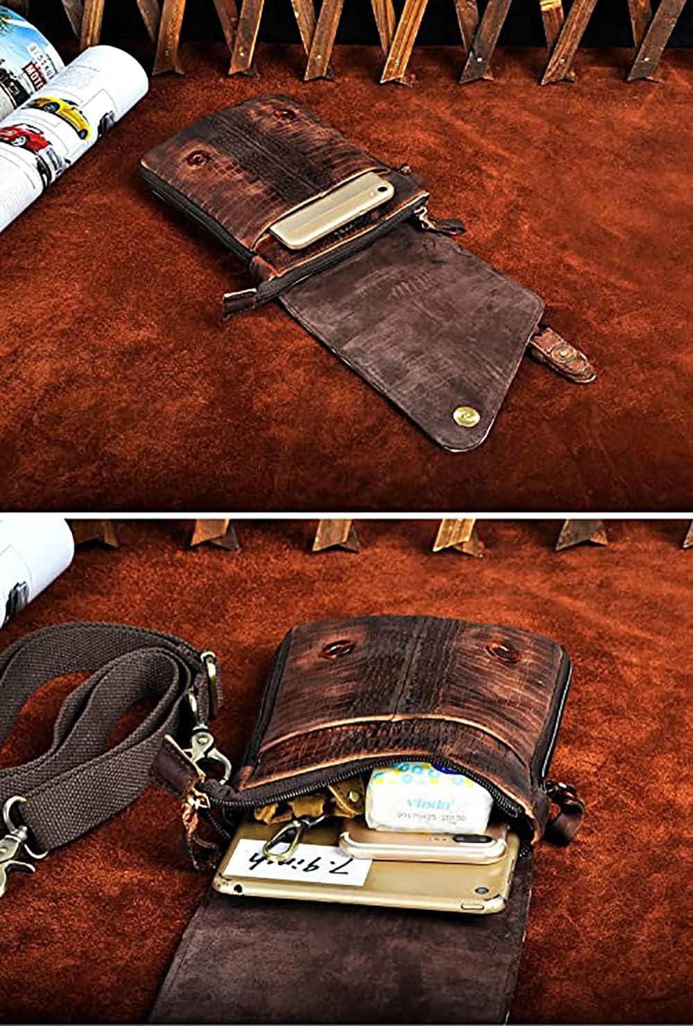 Le'aokuu Herren Verrückt Pferd Leder Tasche Freizeit Universität Schultasche Reisetasche Schultertas